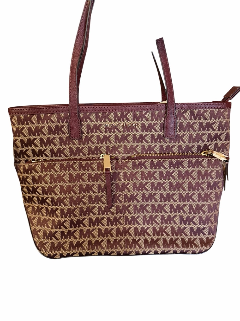 Michael Kors Brown and Maroon MK Logo Tote